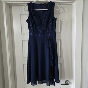 Missmay Womens Navy‎ Blue Sequin Lace V-Neck Ruffle Cocktail Dress L